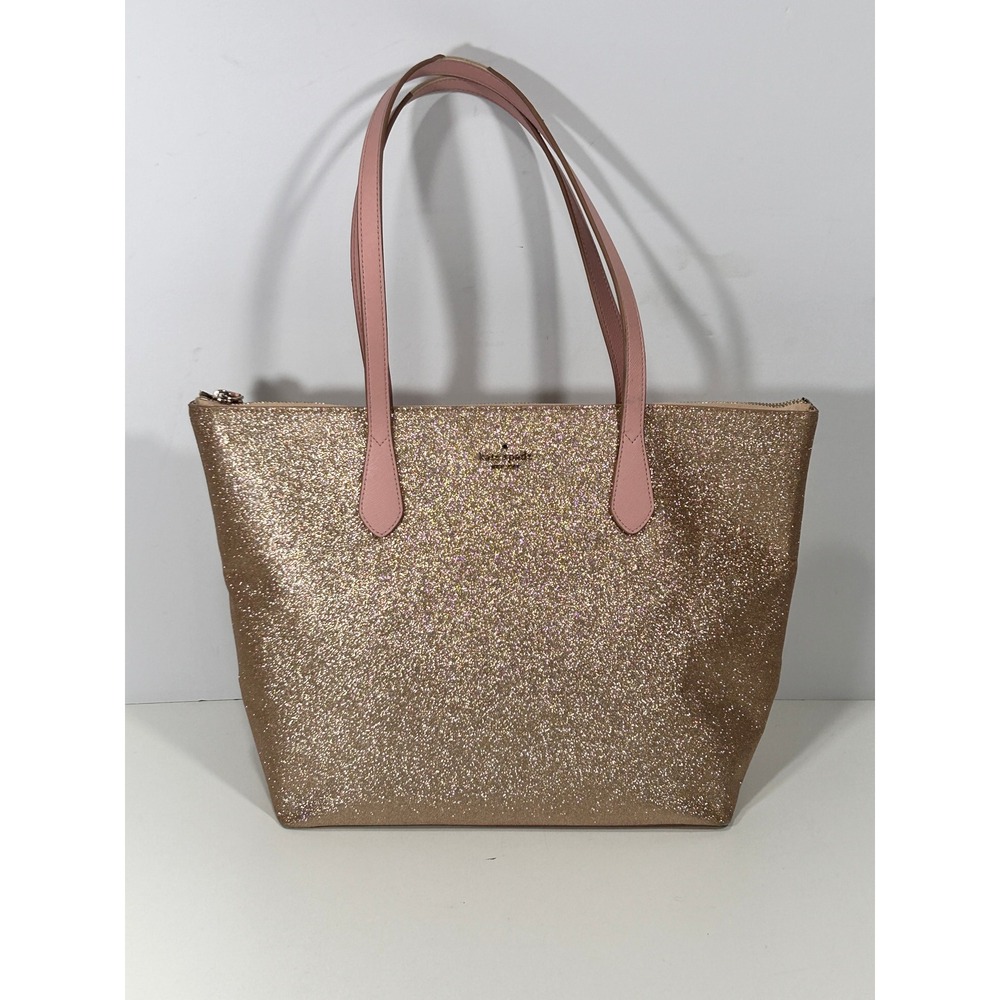 Kate Spade Rose Gold Glitter Tote Bag Pink Leather Handles Zipper Top